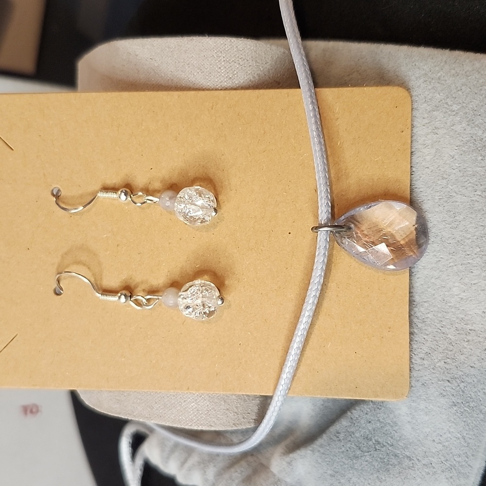 Sterling Silver Hook Earrings with Corded Gray Necklace with Gem